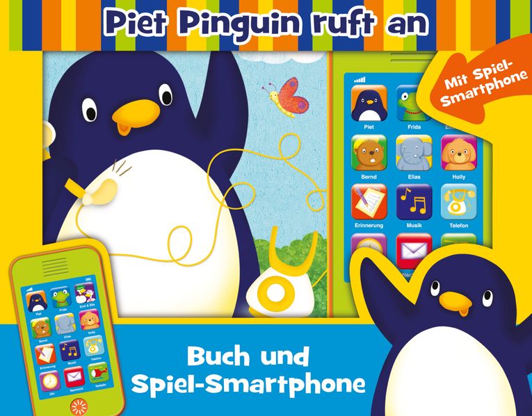Cover von Piet Pinguin ruft an – Buch und Spiel-Smartphone – Pappbilderbuch