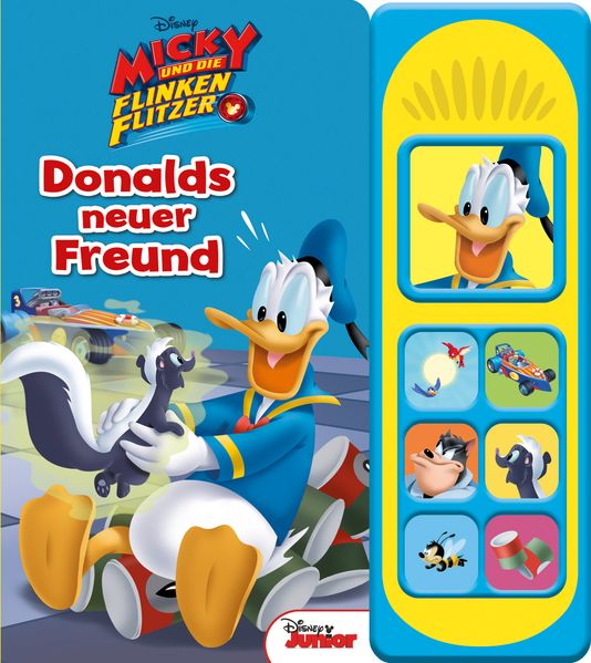 Cover von Disney – Donalds neuer Freund -Soundbuch – Disney Micky und die flinken Flitzer – Pappbilderbuch mit 7 lustigen Geräuschen für Kinder ab 3 Jahren