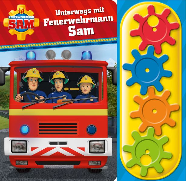 Cover von Feuerwehrmann Sam – Unterwegs mit Feuerwehrmann Sam – Interaktives Pappbilderbuch mit 4 Zahnrädern und 5 Geräuschen für Kinder ab 3 Jahren