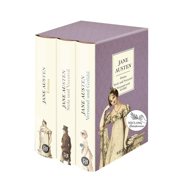 Cover von 3 Bücher von Jane Austen im Schuber – Emma, Stolz und Vorurteil, Verstand und Gefühl – Reclam