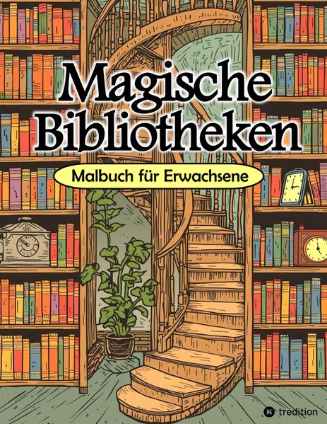 Cover von Malbuch Bibliothek – Magische Bibliotheken – Fantasy Malbuch für Erwachsene – Ausmalbuch für Stressabbau & Achtsamkeit