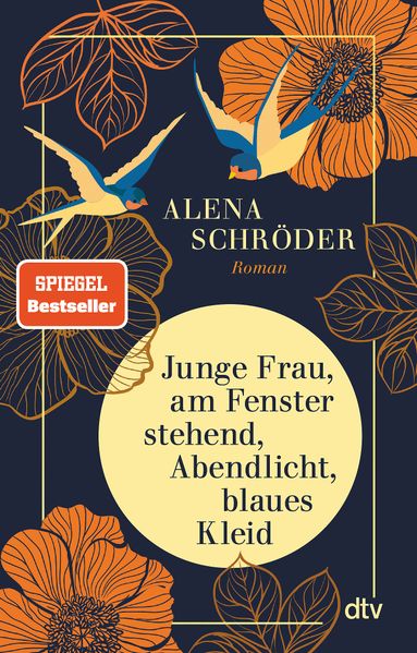 Cover von Junge Frau, am Fenster stehend, Abendlicht, blaues Kleid