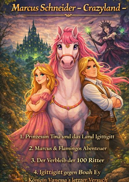 Cover von Crazyland/Crazyland – Prinzessin Tina und das Land Igittigitt – Marcus & Flamingos Abenteuer – Igittigitt gegen Boah Ey Königin Vanessas letzter Versuch – Der Verbleib der 100 Ritter