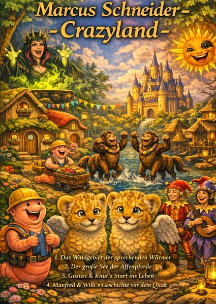 Cover von Crazyland/Crazyland – Im Waldgebiet der sprechenden Würmer – Der große See der Affenpferde – Gustav & Knut´s Start ins Leben – Manfred & Willi´s Geschichte vor dem Quak