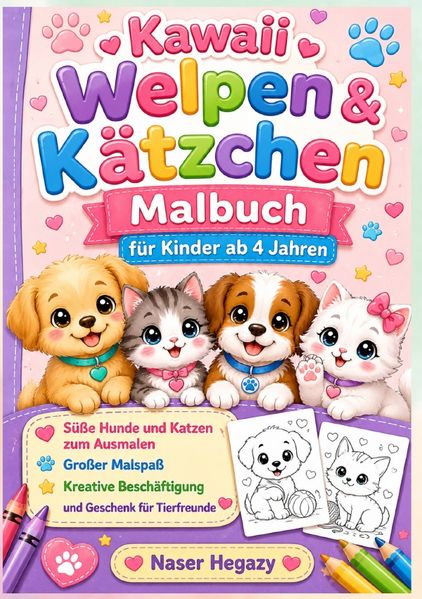 Cover von Kawaii Welpen & Kätzchen Malbuch für Kinder ab 4 Jahren