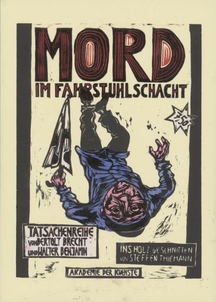 Cover von Mord im Fahrstuhlschacht. Tatsachenreihe von Bertolt Brecht und Walter Benjamin. Comic von Steffen Thiemann (Holzschnitt)