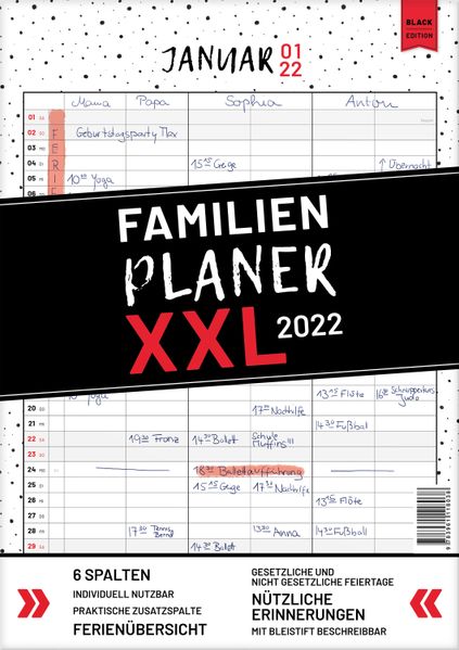 Cover von XXL Familienplaner 2022 zum Aufhängen in DIN A3. Hochwertiger und übersichtlicher Familienkalender 2022 mit 3 bis 6 Spalten, plus einer Zusatzspalte. Wandkalender inklusive gesetzlicher und nicht-gesetzlicher Feiertage, Ferien und Zusatzinfos.