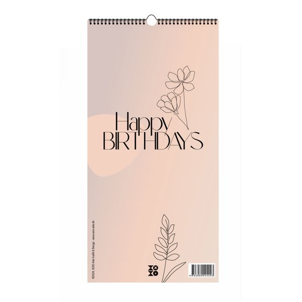 Cover von Immerwährender Geburtstagskalender „Happy Birthdays“ ohne Jahreszahl. Florale Lineart in Bohofarben